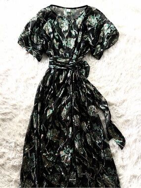Jibri Black Maxi Sheer Dress with Metallic Green & Gold Floral Accents One Size